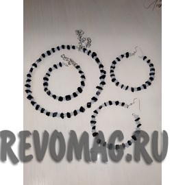 Чёрный агат комплект ожерелье, браслет на руку и серьги. 