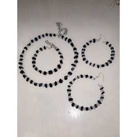 Чёрный агат комплект ожерелье, браслет на руку и серьги. 